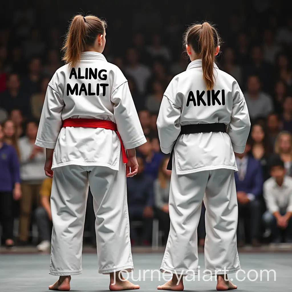 Two-Women-in-Karate-Uniforms-Standing-Before-Judges-with-ALING-MALIIT-and-AKIKI-Labels