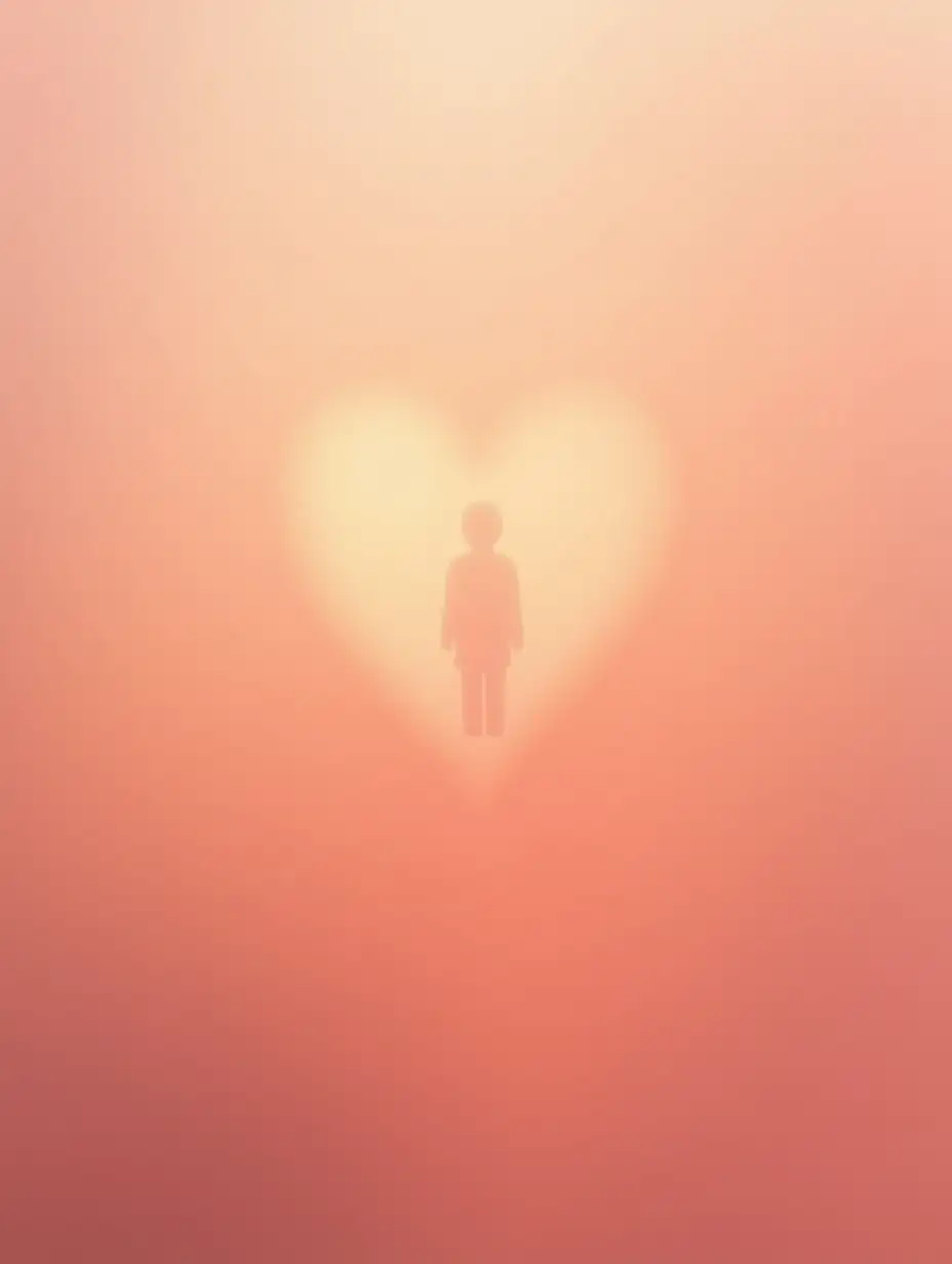 Generate an image of a fog of dreamy, faded, blurry, soft pastel colours of warm pink, peach, coral, orange blending into each other in a haze with a soft, blurry, heart shape negative space. Inside the blurry heart-shaped negative space is a small, abstract, human figure silhouette. The atmosphere is ethereal and calming with smooth gradients and a soft focus effect, depicting the heart as a sort of warm, loving, nurturing, safe place for the human figure silhouette. The image size should be 700×1000 mm in 150 dpi resolution and jpeg format.