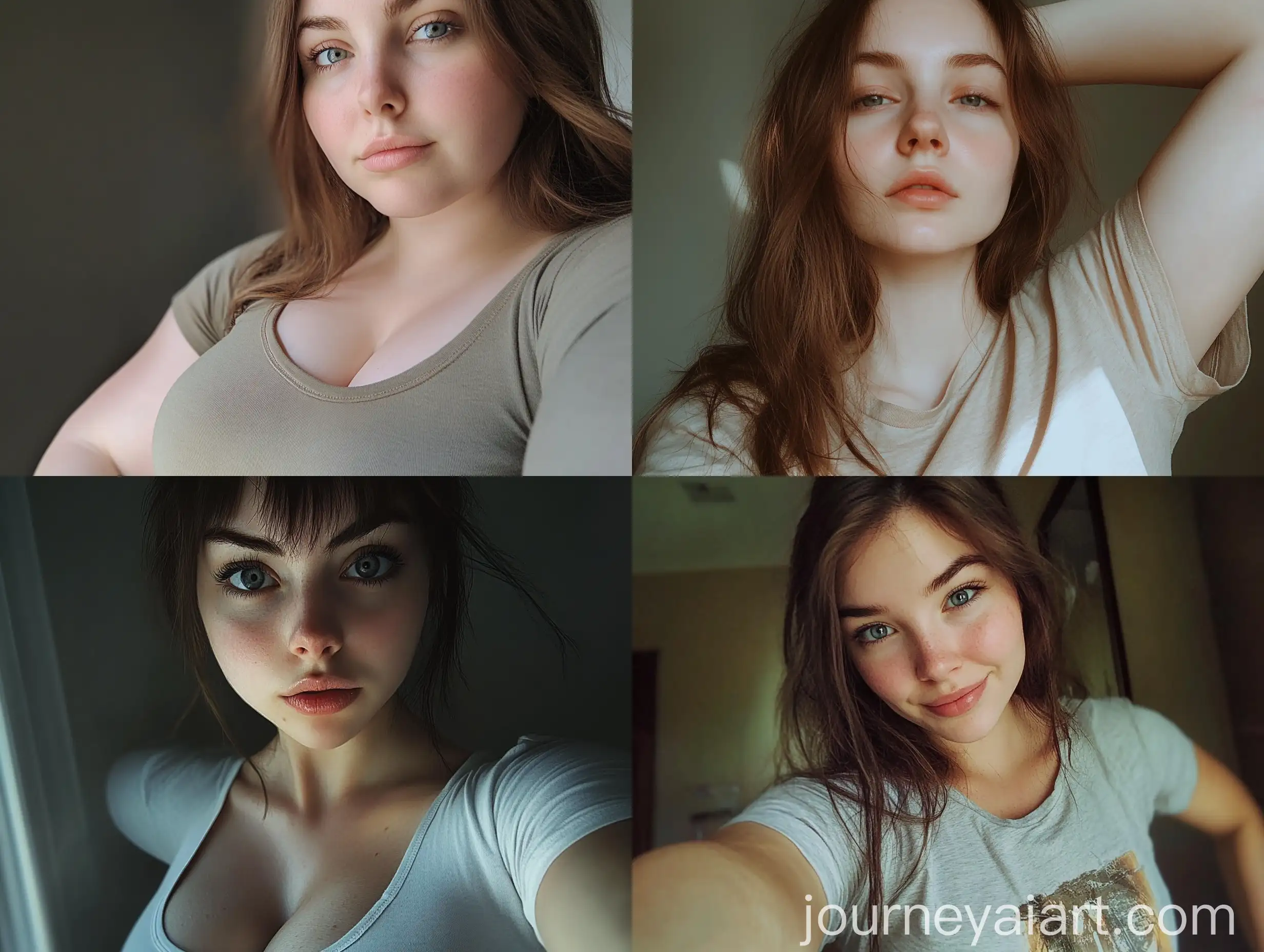 Realistic-Selfie-Portrait-of-a-Young-Woman-with-Dramatic-Perspective-and-TShirt