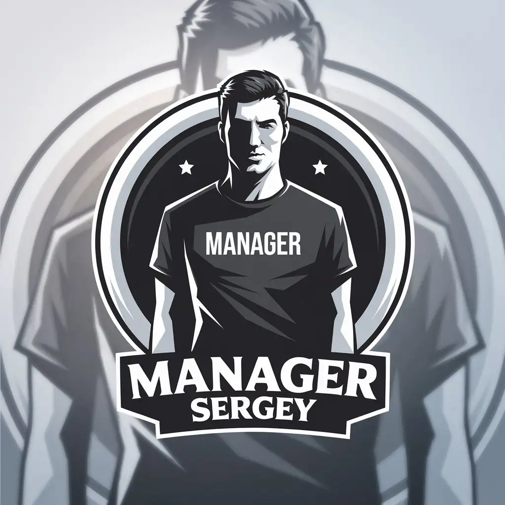 LOGO-Design-for-Manager-Sergey-Vector-Design-Featuring-a-Man-on-Dark-Background-with-TShirt-Text