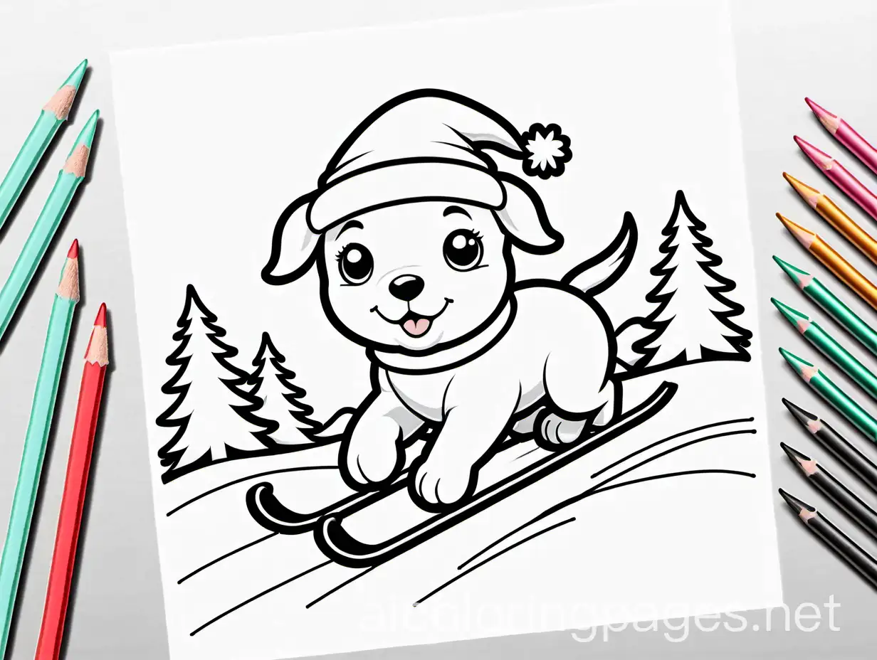 Cute Puppy skiing in Santa hats , Coloring Page, black and white, line art, white background, Simplicity, Ample White Space. The background of the coloring page is plain white to make it easy for young children to color within the lines. The outlines of all the subjects are easy to distinguish, making it simple for kids to color without too much difficulty