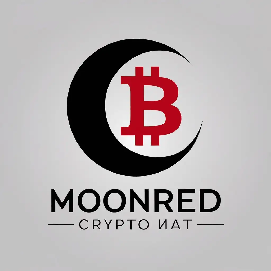 a vector logo design,with the text "MOONRED CRYPTO ЧАТ", main symbol:Black crescent inside it red bitcoin,complex,clear background