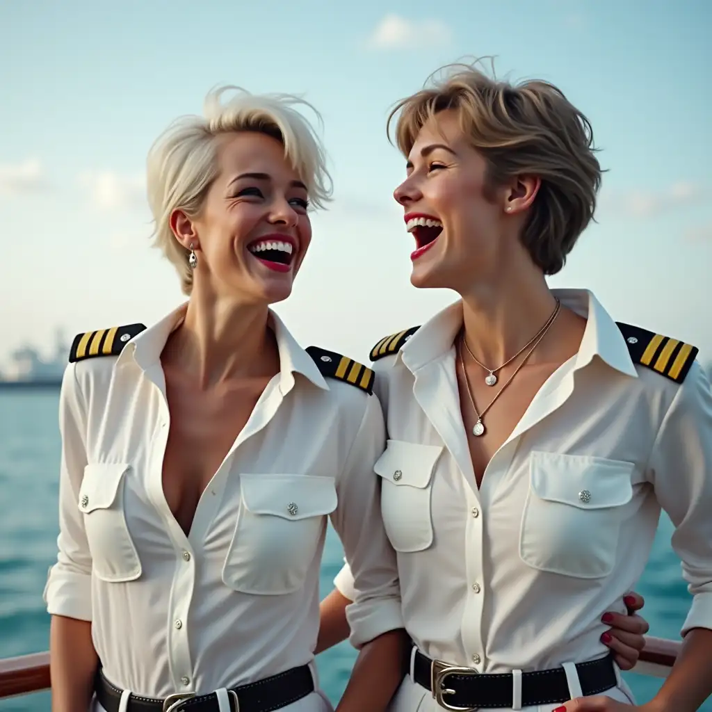 two white norvegian lady, in white deep-necked pilot uniform button shirt, laughing with her mouth open, red lipstick accentuating her smile,belt on waist, big wide hips, chest are fully grown, jewerly, short hair, HD, screaming at cruise ship, photo-realism