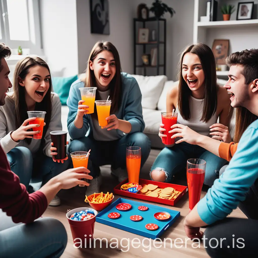 Playing games with friends, drinks and snacks