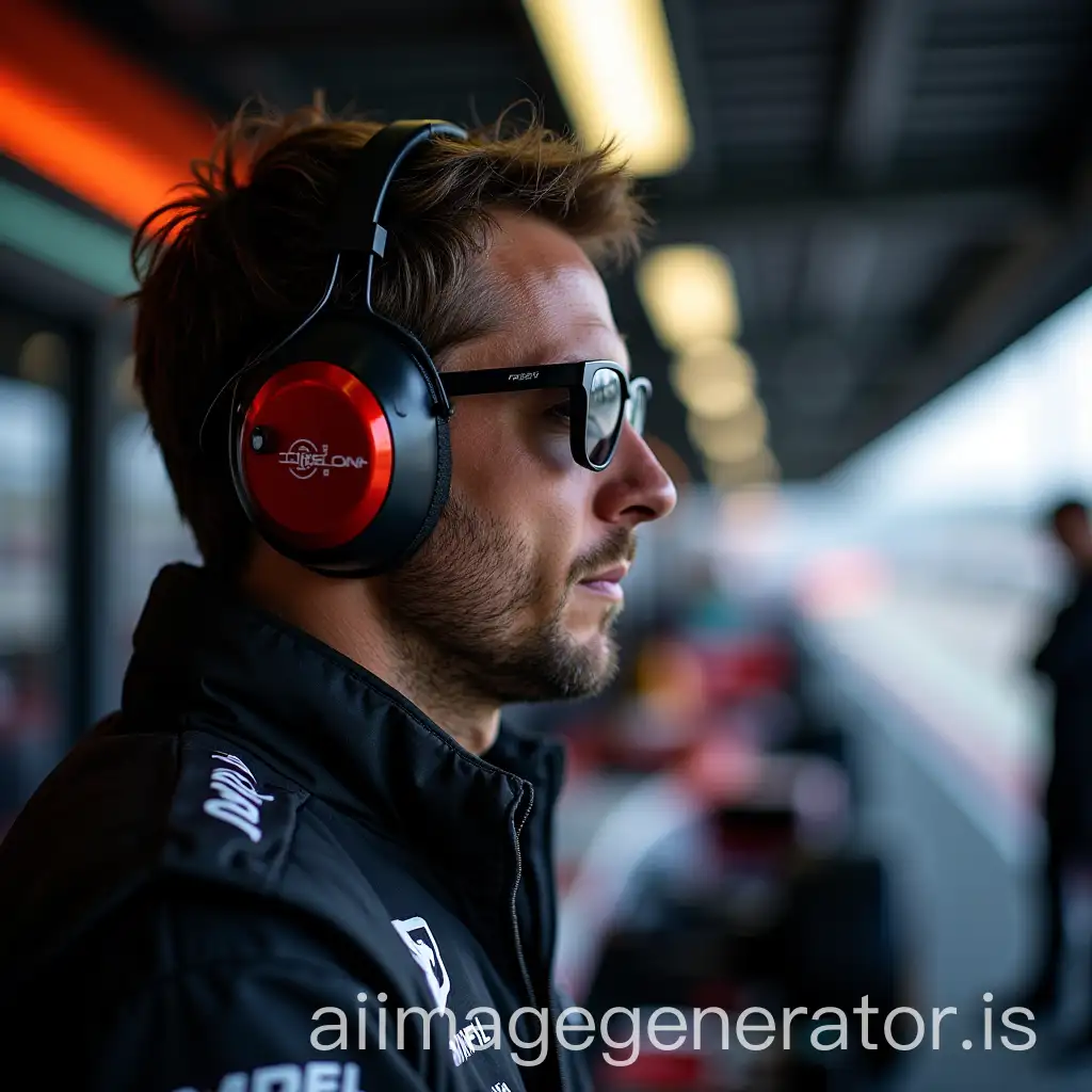 generate an image of a formula one driver focusing before entering the competition, who is in his garage and has a Focal Bathys headphones on his ears. The environment is classy, high-end and sporty at the same time. This image should reflect how much the headphones help the driver concentrate and not think about anything else, apart from the exceptional quality music he is currently listening to I want him to be seen without his racing helmet but only with the audio headphones, I also want him to be seen from behind, and looking at the track