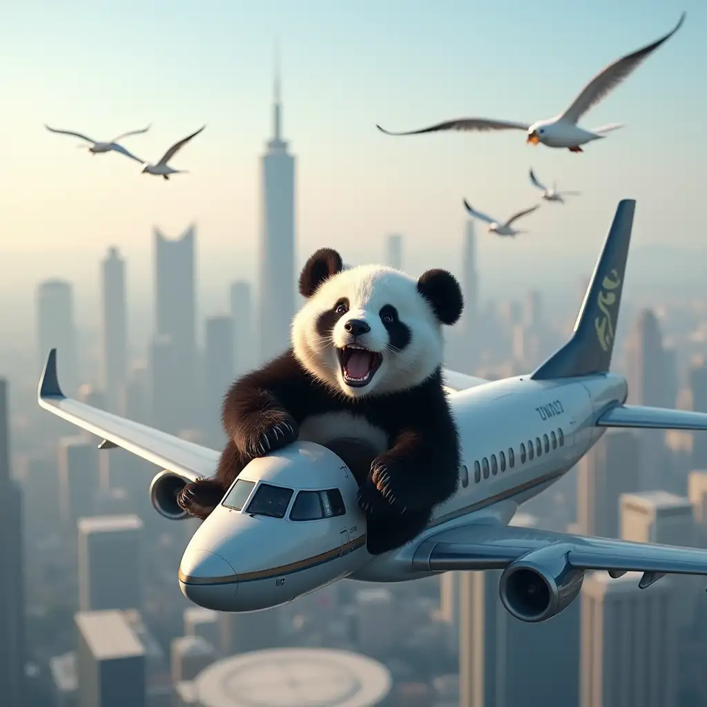 of a panda laughing hysterically with pure joy while riding on top of an airplane flying over a modern city skyline. The panda's mouth is wide open, eyes squinting with happiness, and its body is shaking with smile. and have the birth around plan and panda look  at the birds.