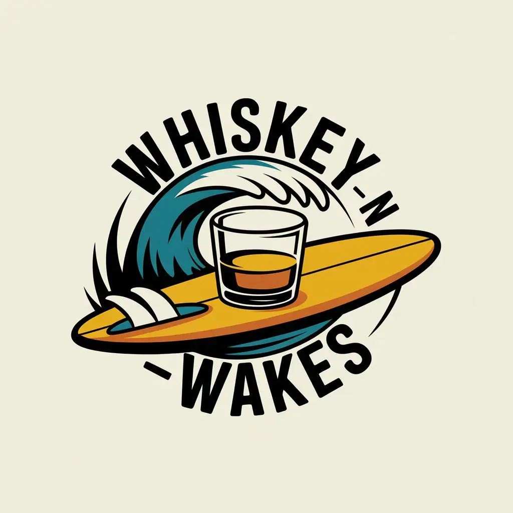 LOGO Design for WHISKEYNWAKES Glass Tumbler on Surfboard Wakesurfing with Clear Background