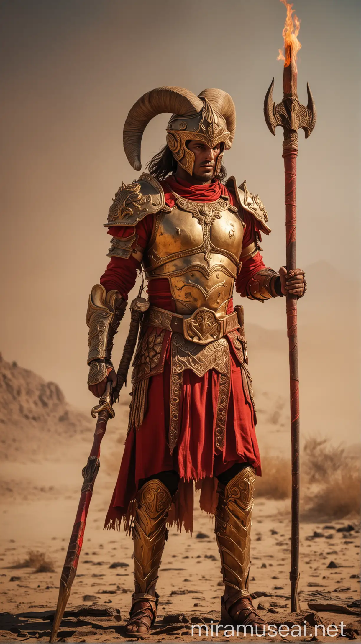 Fiery Red and Gold Armored Warrior with Ram Horn Spear in Burning Desert