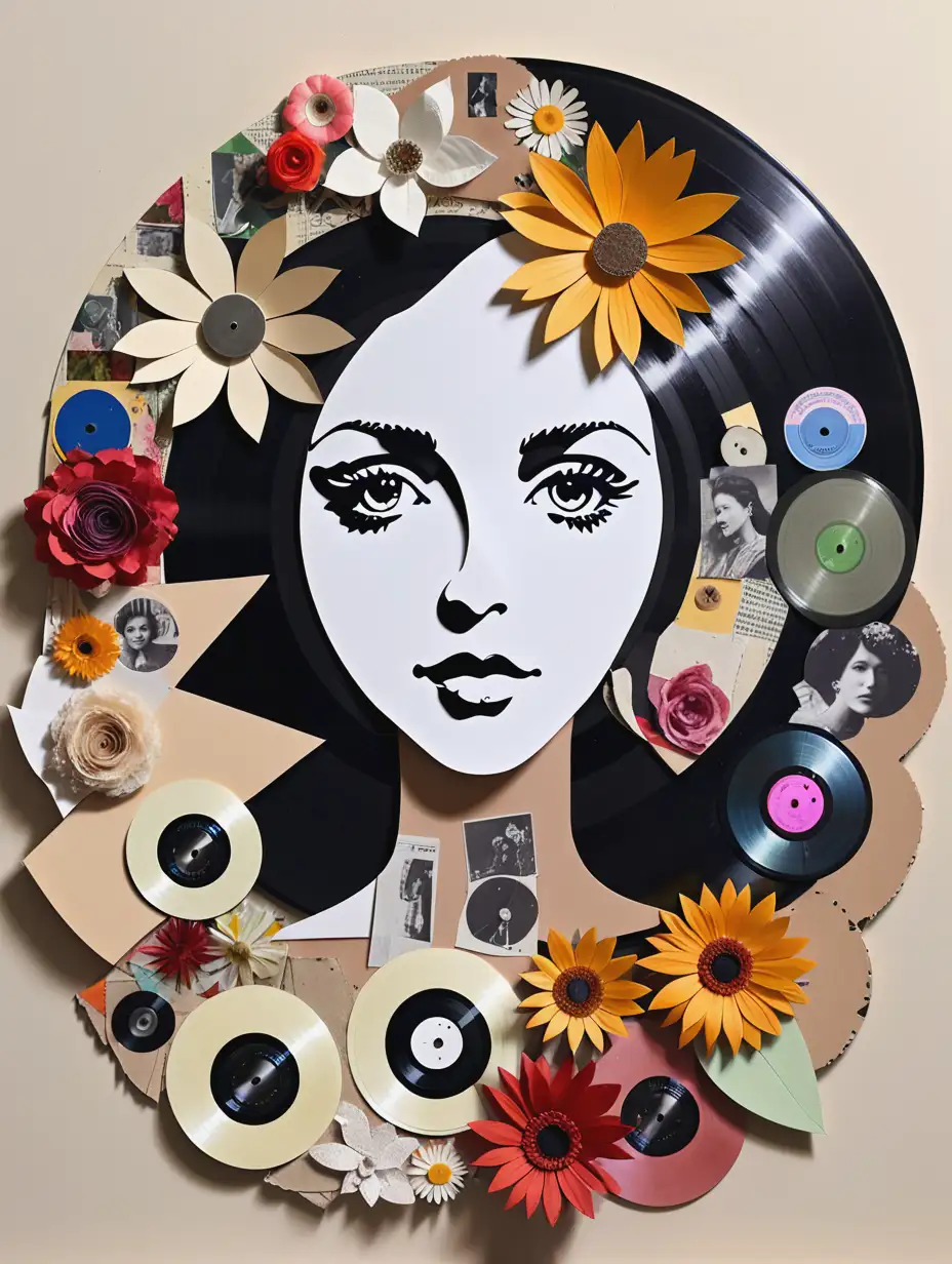 Eclectic Collage of Woman with Record and Floral Elements