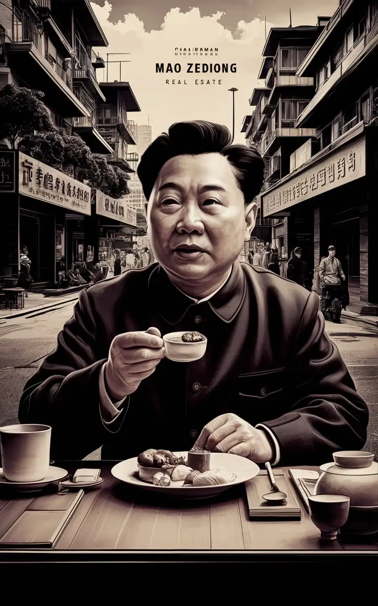 character china late leader mao zdong have breakfast in real estate,  as a digital art vector illustration, with a hyper realistic depiction of china before decades years and a pen drawing palette with clean sharp focus and soft shadows at a high resolution --style raw  no text