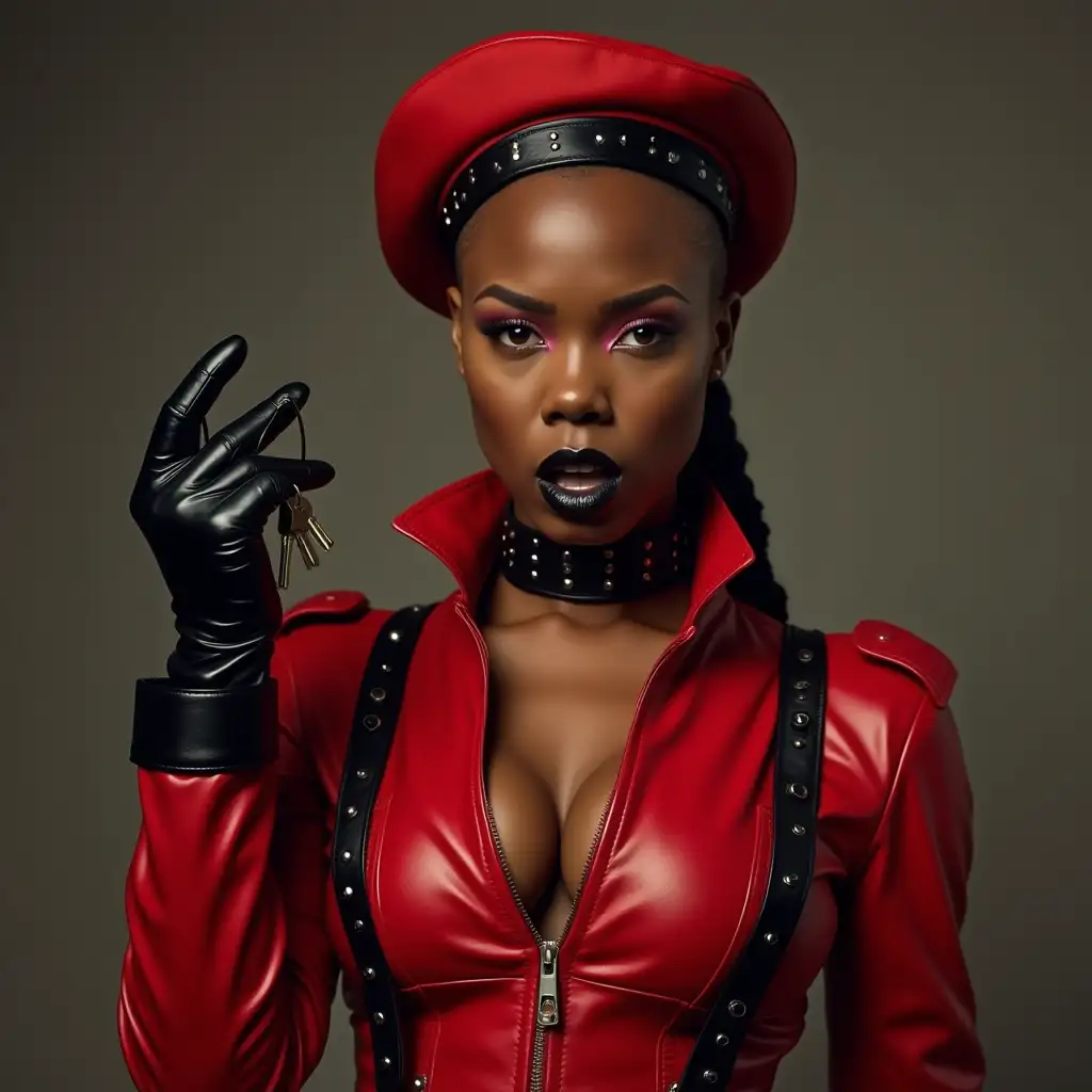 african woman in tight red leather motorcycle jacket, black leather suspenders, dangling keys toward camera, black leather studded gloves, shaved head, red leather military hat, , black leather studded collar, black lipstick, pink eye shadow, look of disgust, angry, mouth open