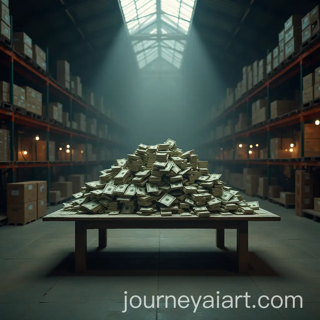 Atmospheric-Warehouse-with-Table-Piled-High-with-Dollars