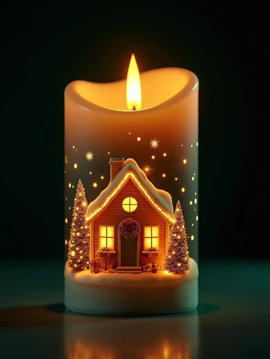 A beautifully lit candle with its wax body decorated in a double exposure style, revealing a cozy house adorned with festive Christmas decorations. The house features glowing string lights along the roof and windows, with a wreath on the door. On either side of the house, two beautifully decorated Christmas trees stand tall, adorned with ornaments and soft twinkling lights. The golden flame emits a gentle glow, subtly illuminating the intricate details of the design and casting delicate shadows. The background transitions from dark green to black, enhancing the festive ambiance and making the candle the centerpiece. Highly detailed, artistic, eye-catching, very attractive, 128k uhd