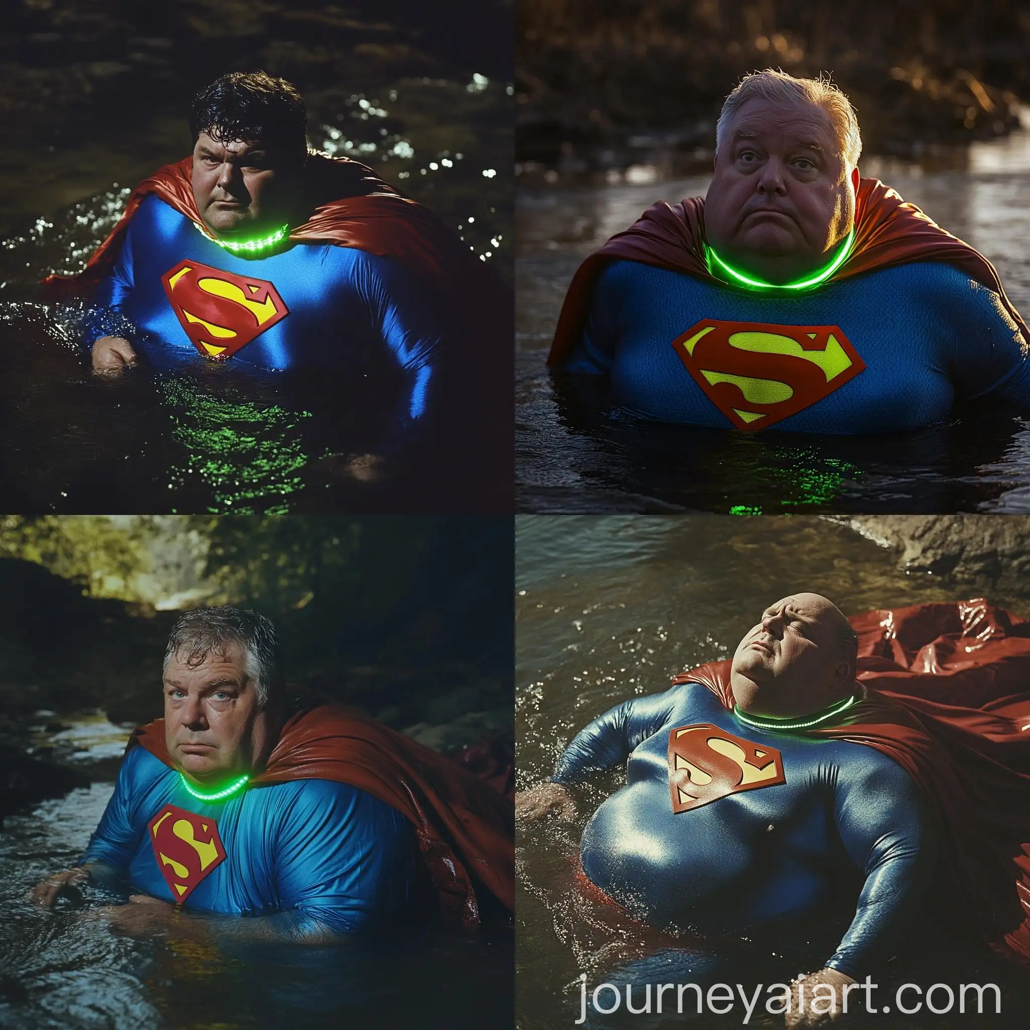 Portrait-of-Elderly-Man-in-Unique-Superman-Costume-Crawling-in-River