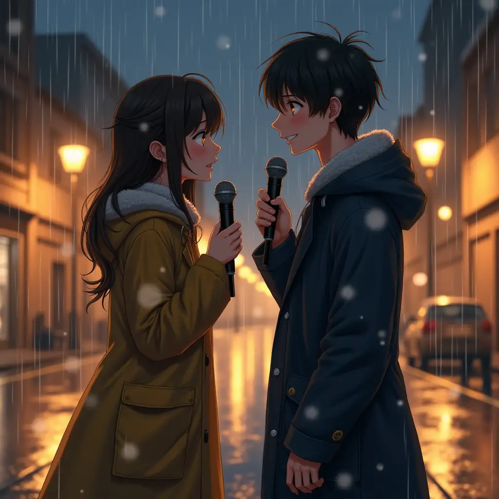 A couple of anime lovers in the rain, standing on the street or an open square, holding a microphone, singing affectionately. There are fine drizzles in the background and a damp atmosphere permeates the air. The lovers are wearing fashionable raincoats, with wet hair looking at each other, their expressions focused and romantic. The surrounding streets or environments are illuminated by dim yellow streetlights, reflecting puddles and creating a dreamy and warm atmosphere.