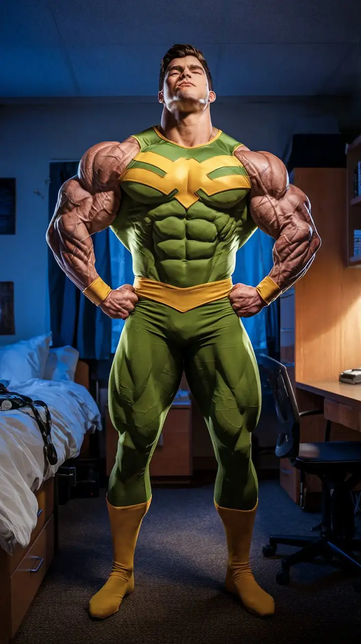 In a college dorm room at night. Powerfully muscled, hugely ripped, massively pumped, gloriously handsome, mighty superhero. 20 years old. Stands boldly, eyes closed in reverent concentration. Photorealistic.