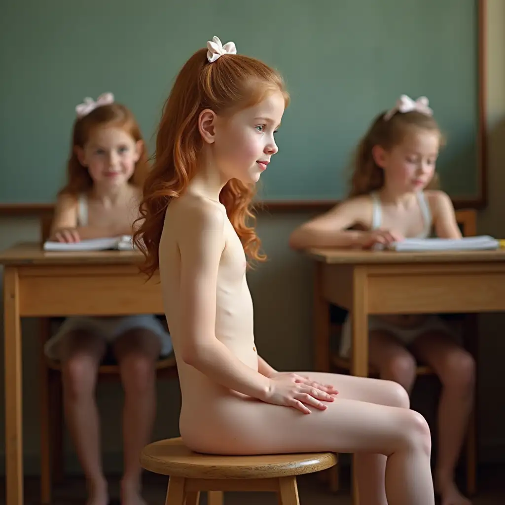 Slender-Young-Girl-Sitting-on-Wooden-Stool-in-Classroom-with-Classmates