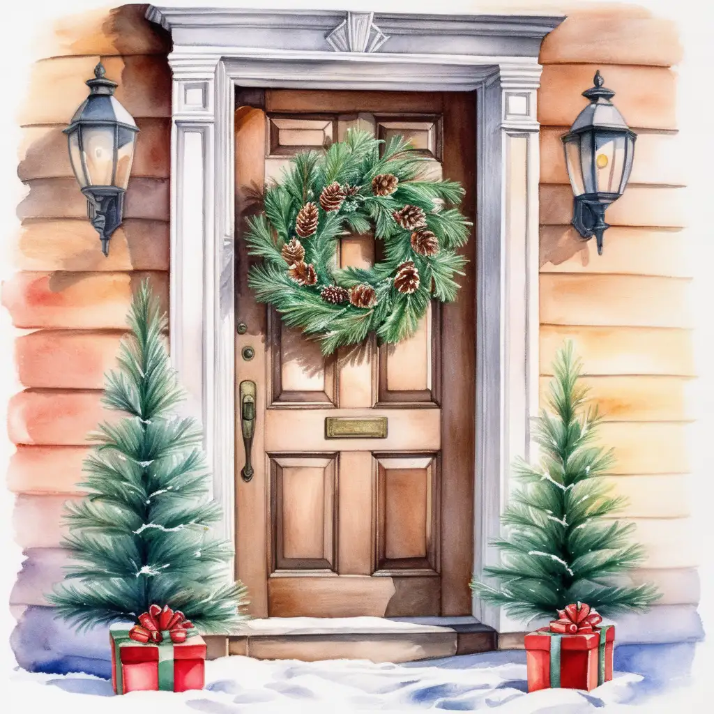 Charming Christmas Door with Wreath and Pine Tree