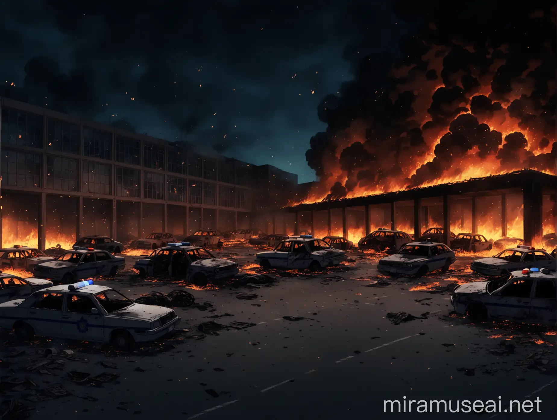 Devastation at a Police Station A Burning Parking Hall in Anime Style