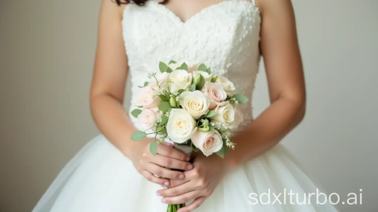 Asian girl wearing a white wedding dress holding a bouquet of flowers, hand close-up