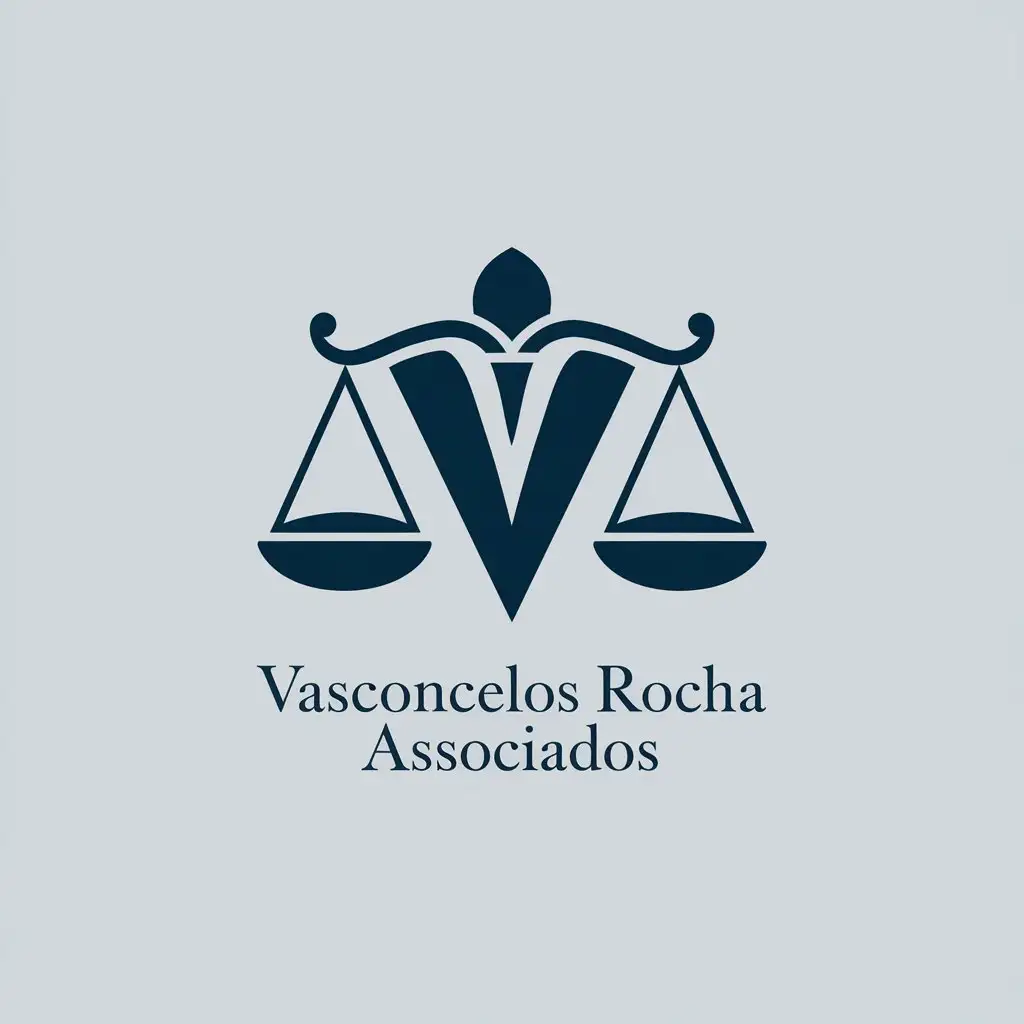 LOGO Design for Vasconcelos Rocha Associados Blue V Scales of Justice with White Text on Light Grey Background