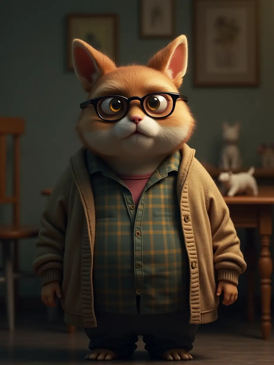 A melancholic, overweight anthropomorphic lori in a cozy, dimly lit room. The lori has a human-like body and is dressed in casual, layered clothing: a cardigan over a plaid shirt. It wears glasses with a solemn expression, blending realism and surrealism. The background contains soft, blurred elements like a table with objects and animal figurines, emphasizing a homey, reflective atmosphere. The style is hyper-realistic with fine details in fur texture and facial features. Focus on the lori's expressive, soulful eyes and overall gentle demeanor. Hyper-realistic, melancholic tone.