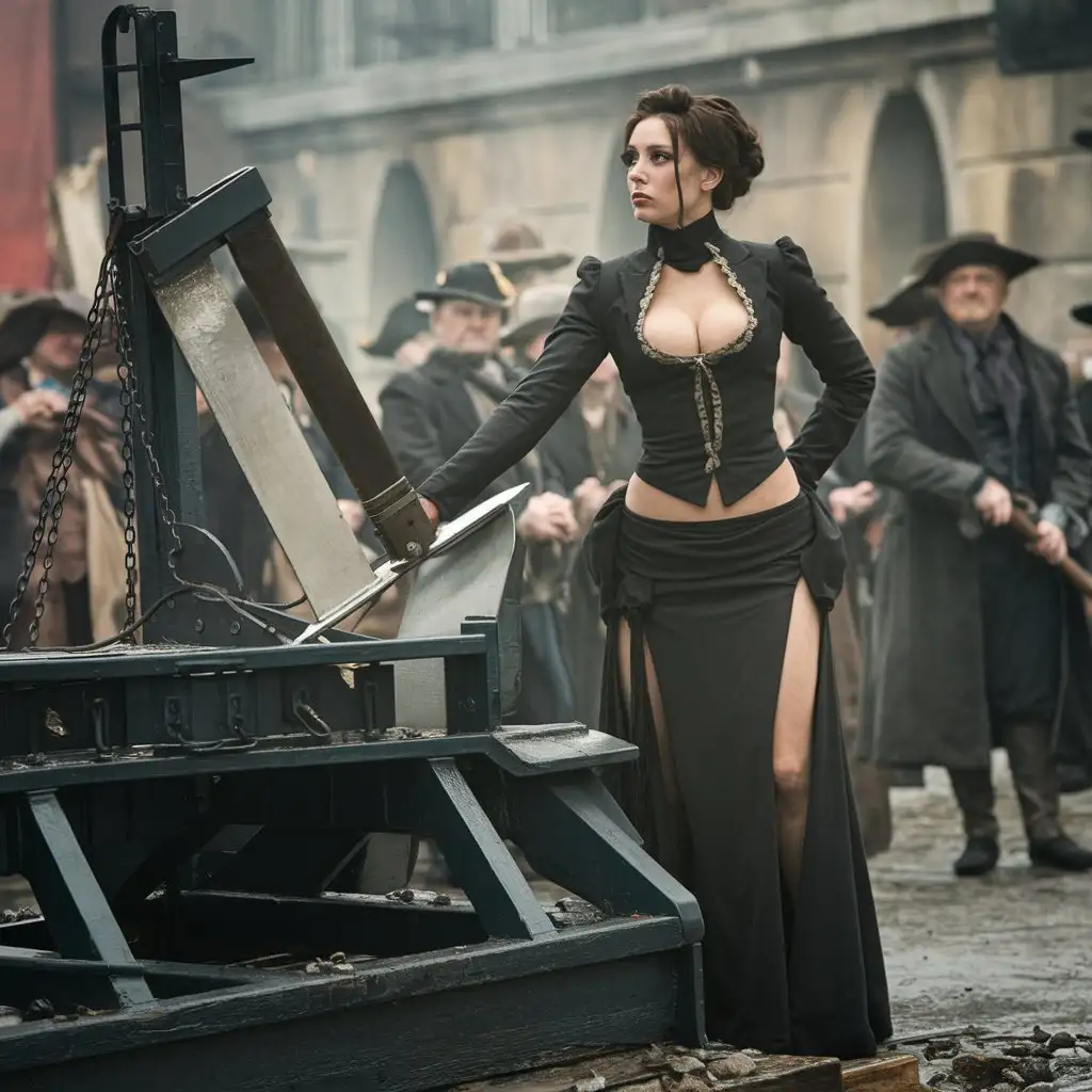 A cinematic photo set during the Great French Revolution. A sultry,  female executioner dressed in alluring attire with a deep neckline and a slit skirt stands beside the infamous guillotine. She confidently wields the heavy blade, her eyes cold and unyielding. In the background, victims await their fate, while the atmosphere is thick with tension and fear. The colors are muted, evoking a sense of historical authenticity and the destructive nature of the era.