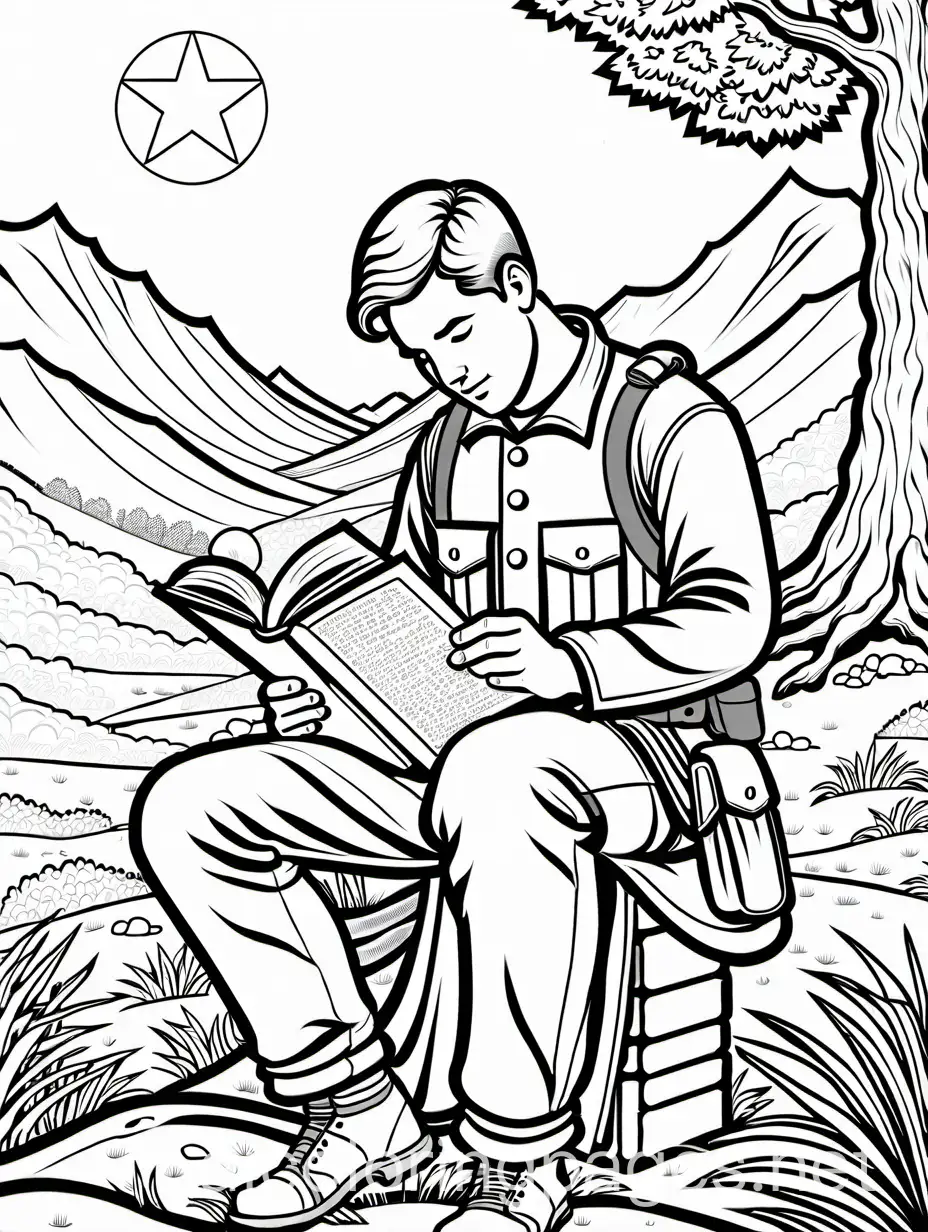 Christian-Soldier-Reading-Bible-with-Flag-Background-Coloring-Page