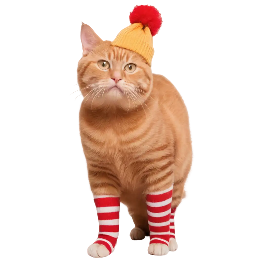 Charming-Ginger-Cat-PNG-with-Yellow-Hat-and-Red-Striped-Socks-HighQuality-Image-for-Creative-Use