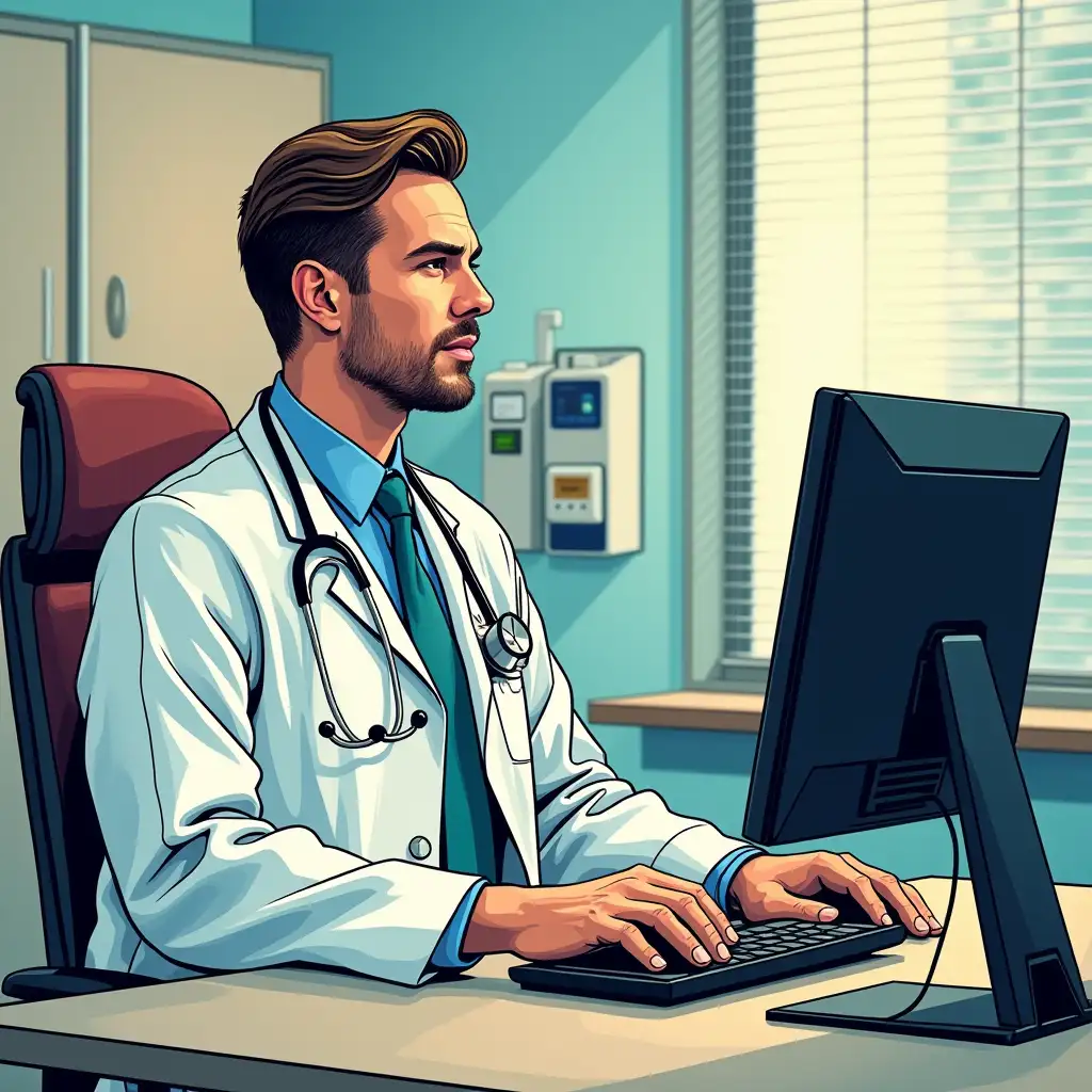 A man in pop art style sitting at a computer in a medical office