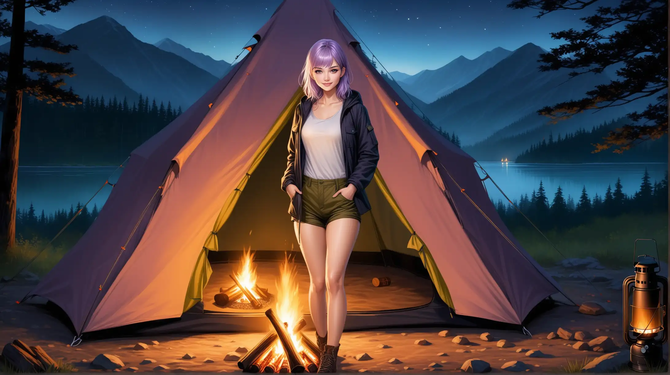 Adventurous Woman with Light Purple Hair Camping by Night