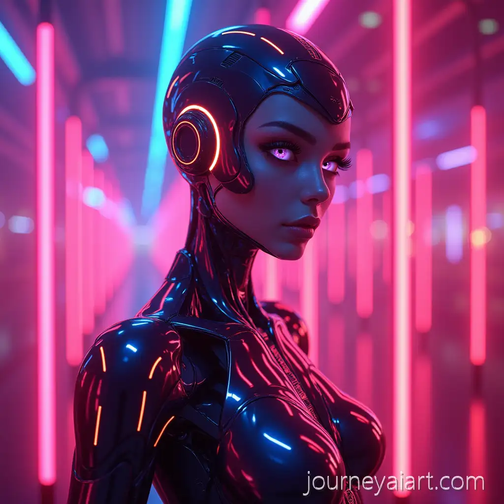 Futuristic-Humanoid-Female-Robot-inFuturistic-humanoid-robot-Cyberpunk-Neon-Glow-with-Lasers-and-Trance-Atmosphere