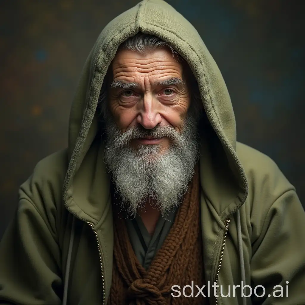 wise old sage with hoodie