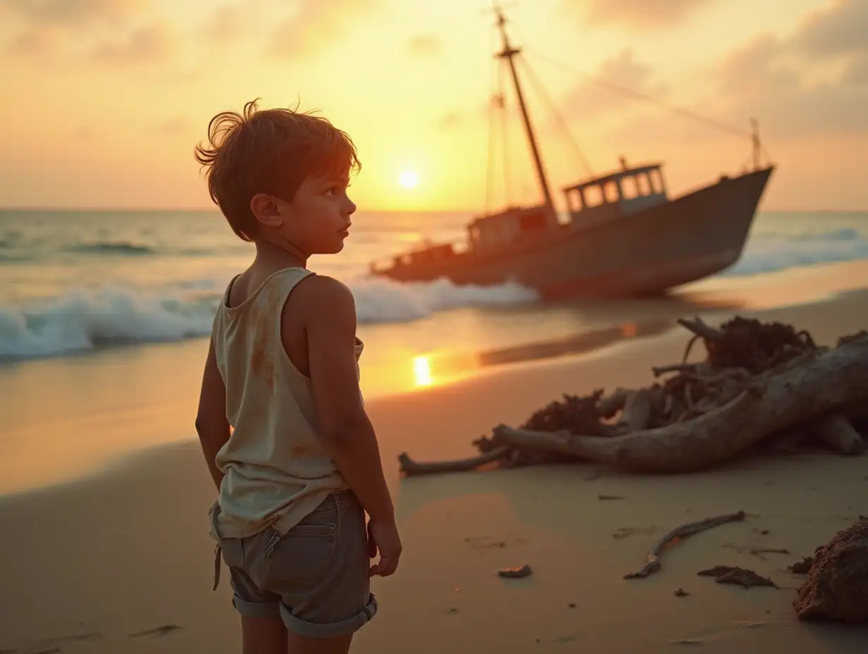 beach, sunrise, boy, ship debris, loneliness, sand, exhaustion, ocean waves, hope, calm. 10-year-old boy, messy brown hair, sunburnt skin, wearing tattered shirt, shorts, barefoot, skinny, cinematic, sunrise