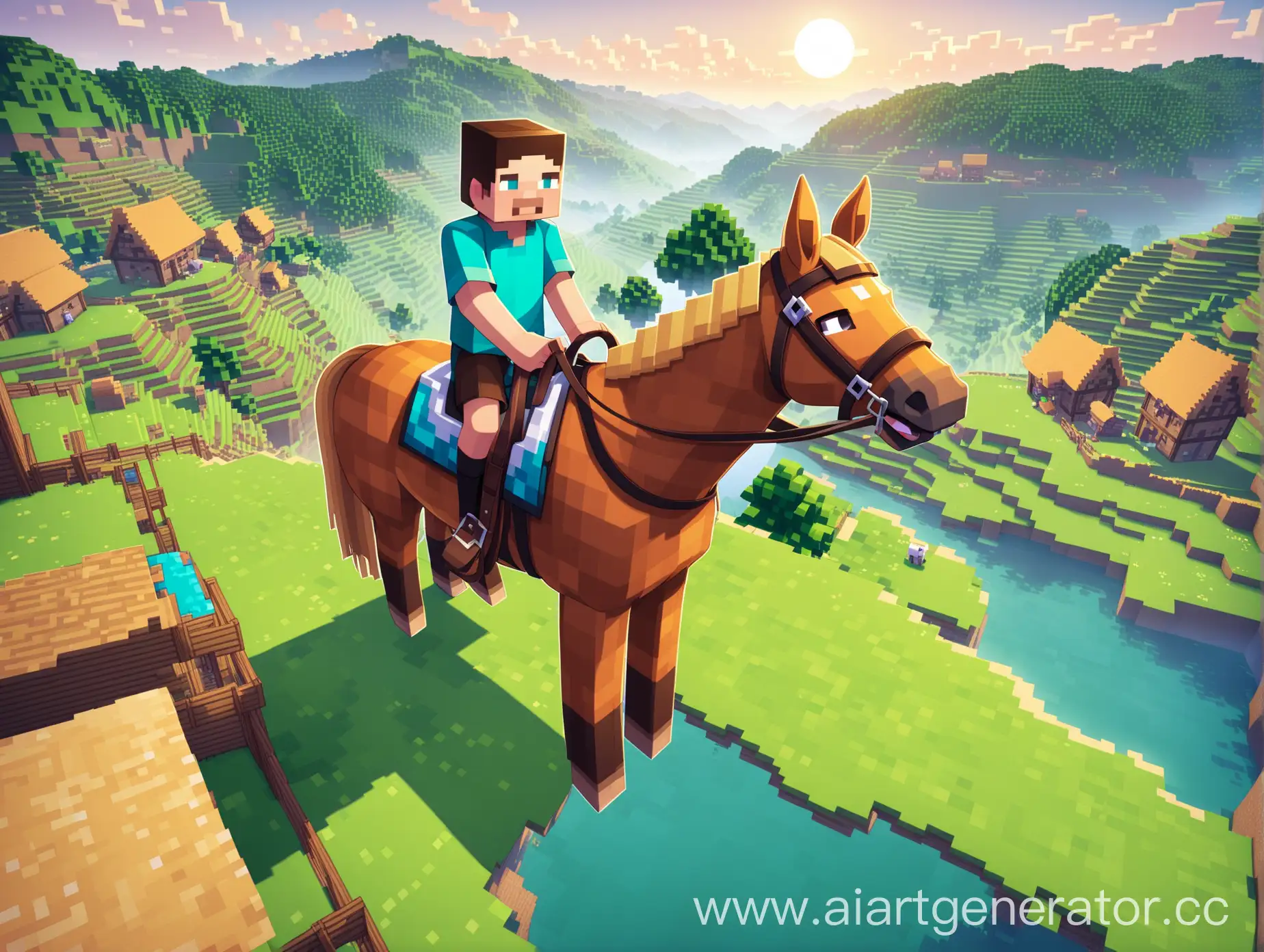 Minecraft-Character-Stevie-Riding-Horse-near-Village-Edge