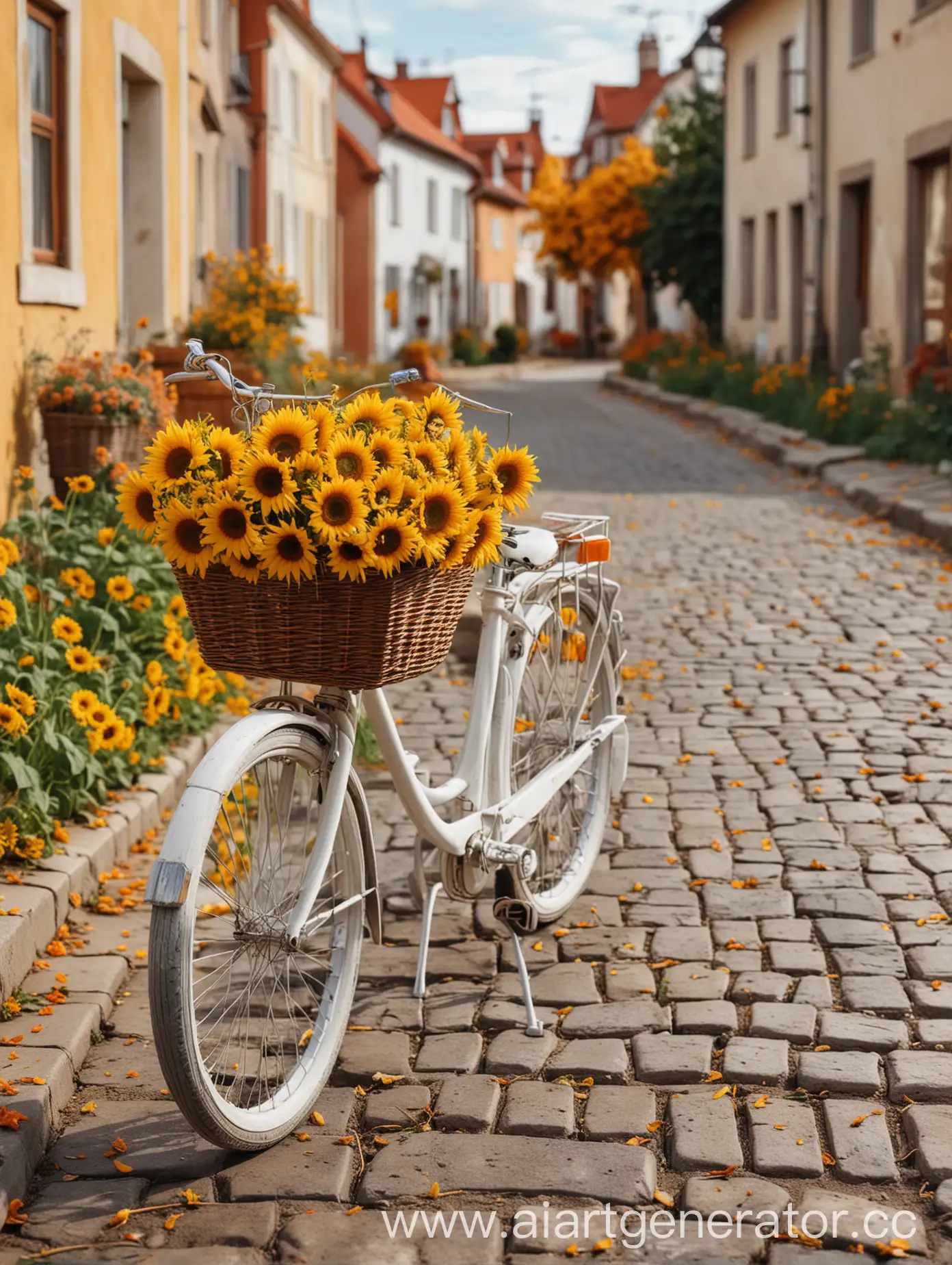 Autumn-Street-Scene-with-White-Bicycle-and-Sunflowers