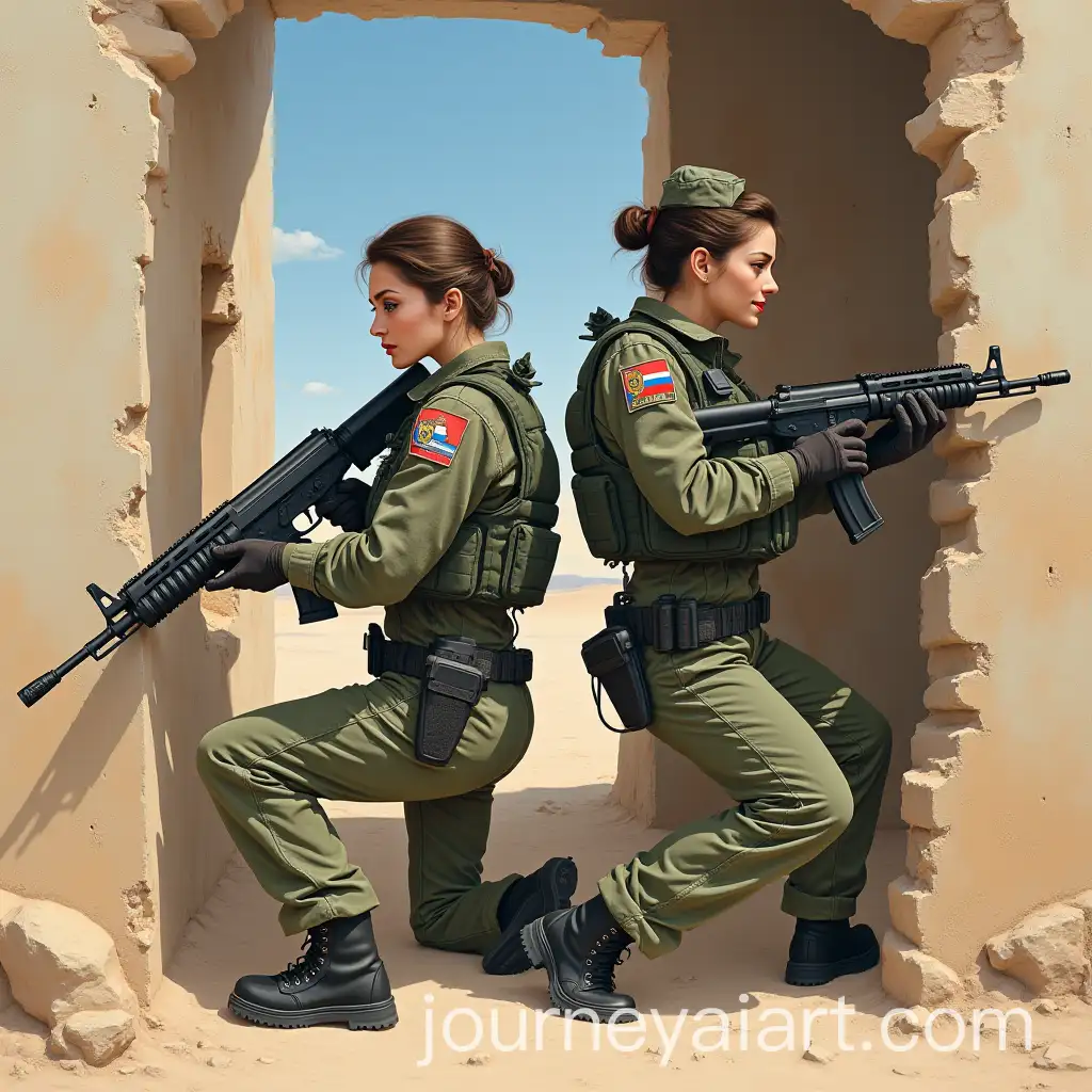 Russian-Female-Military-Pilot-in-Camouflage-Shooting-from-a-Desert-Fort