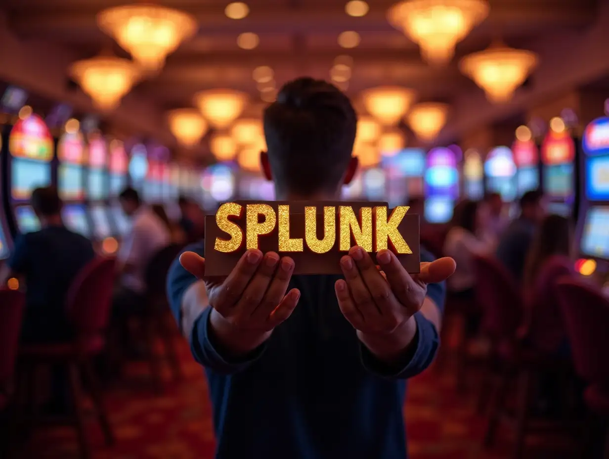 Large casino hall, many gamblers, close-up view of a winner holding the word SPLUNK as prize