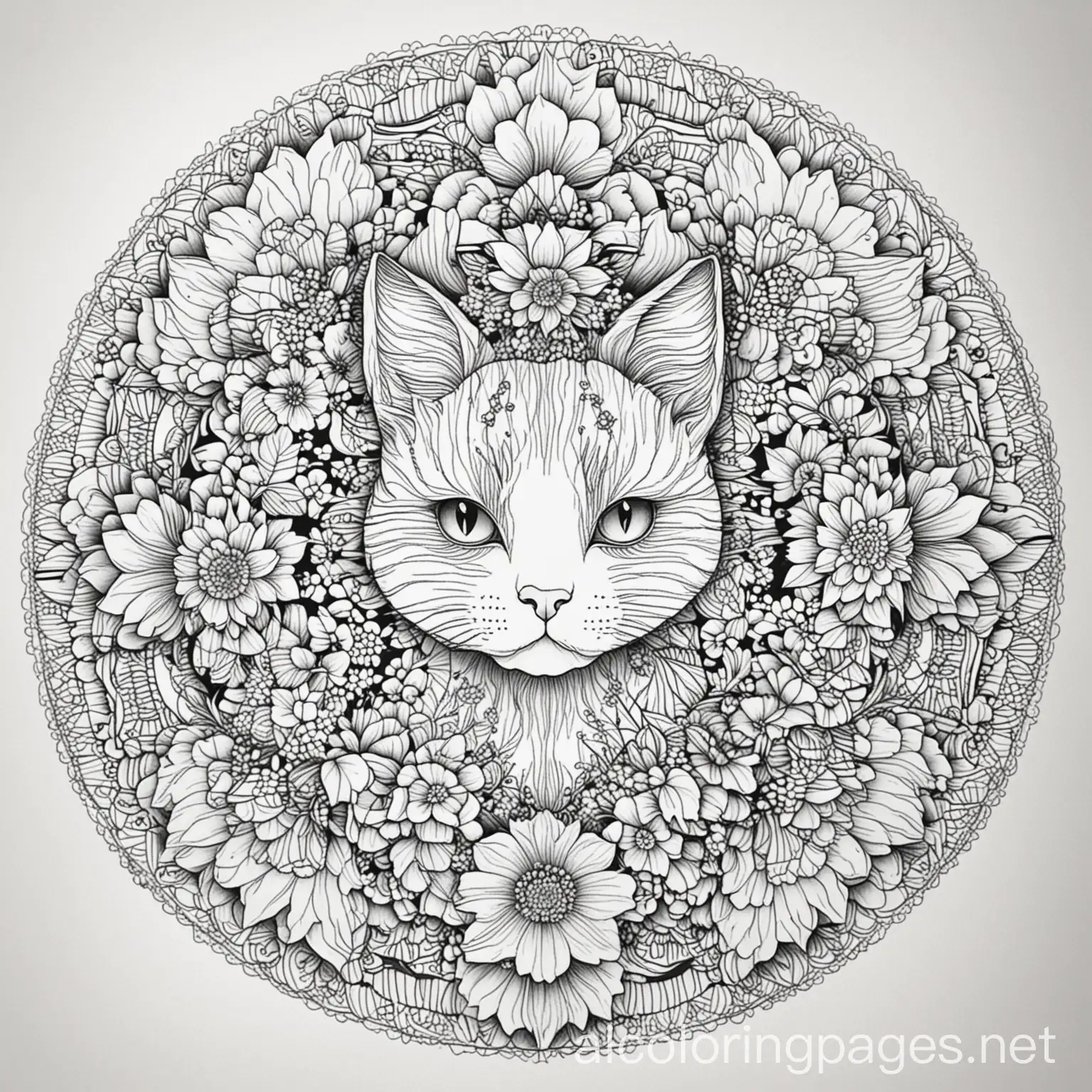 Striped-Cat-Surrounded-by-a-Floral-Mandala-Coloring-Page-for-Kids