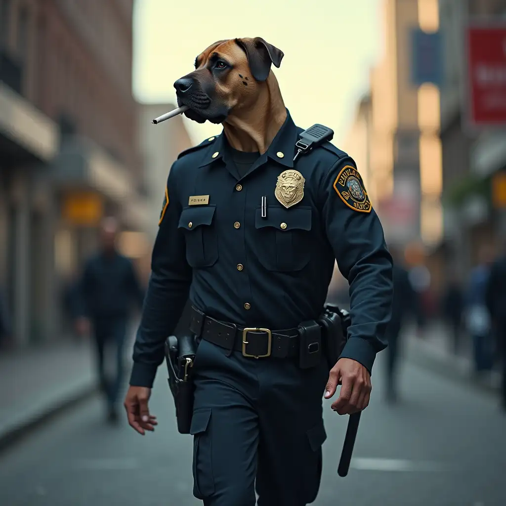 A cop with the head of a Mastiff, walking the streets, smoking a cigarette, looking angry, scars on its face