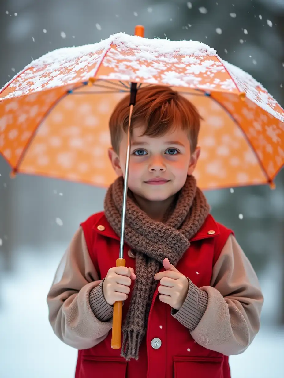 On a snowy winter day a Little boy holding a open plastic white floral Orange umbrella, red wide neck long sleeve shirt inside see through long sleeve polo unbuttoned, brown scarf, snowflakes snowfall, bokeh,