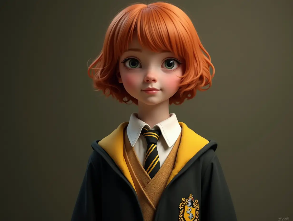 fullbody, ginger girl, hufflepuff uniform, hogwarts school uniform, robe, collared shirt, necktie, photorealistic, short hair style