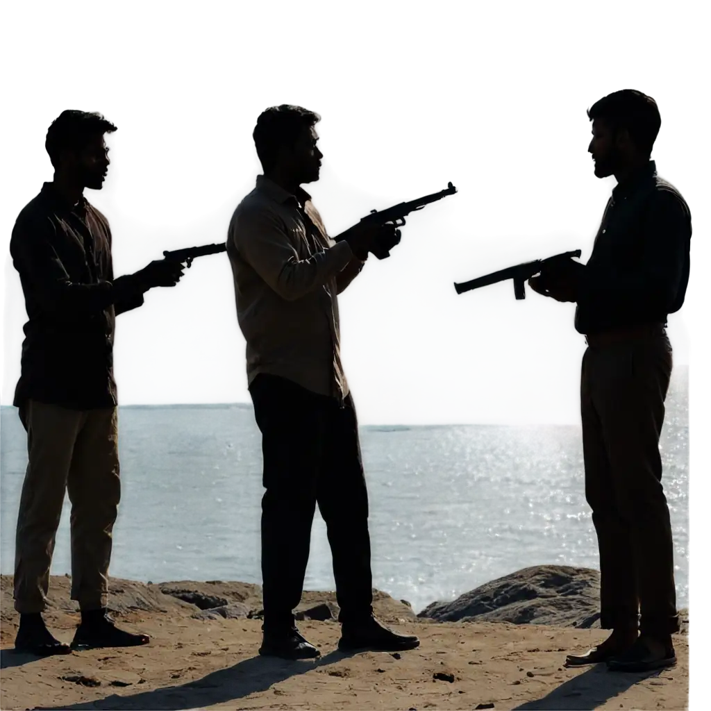 silhouette of Five Indian men of different ages standing infront of ocean, holding guns and having a conversation