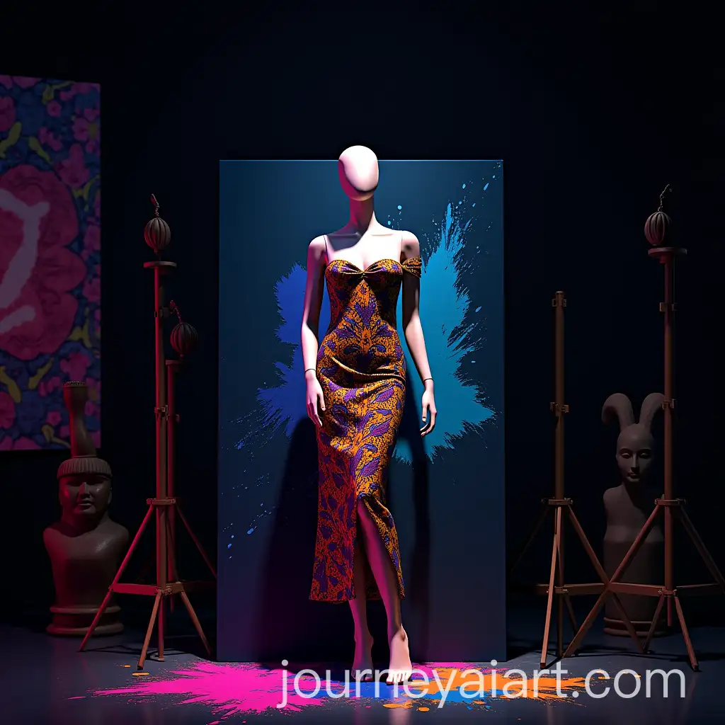 AfroFuturisticAI-Image-Prompt-Expansion-Art-Studio-with-Mannequin-in-Vibrant-Ankara-Dress