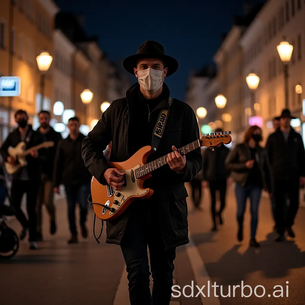 Musician in a mask walking on the night street and holding guitar, band on the background, night, Helsinki, Finland, City