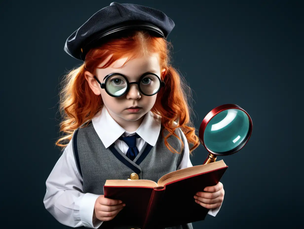 Curious Little Girl in Detective Costume with Magnifying Glass and Book