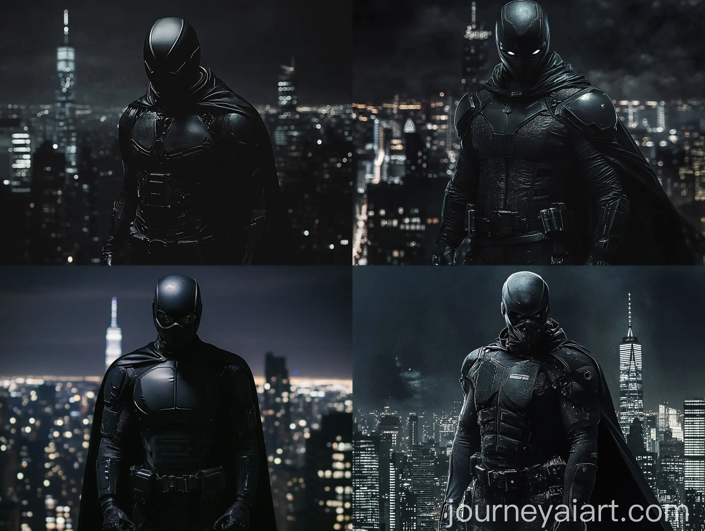 Mysterious-Man-in-Black-Suit-with-Cape-and-Armor-Pads-Against-Night-Manhattan-Skyline