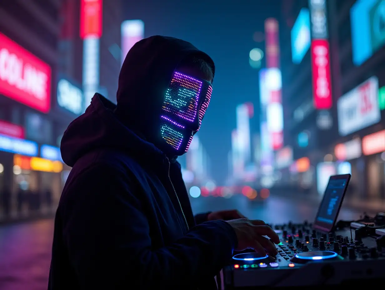 A mysterious DJ with a hi-tech mask lit by multicolored LEDs, stands out in a cyberpunk city at night, with bright neon and a futuristic atmosphere.