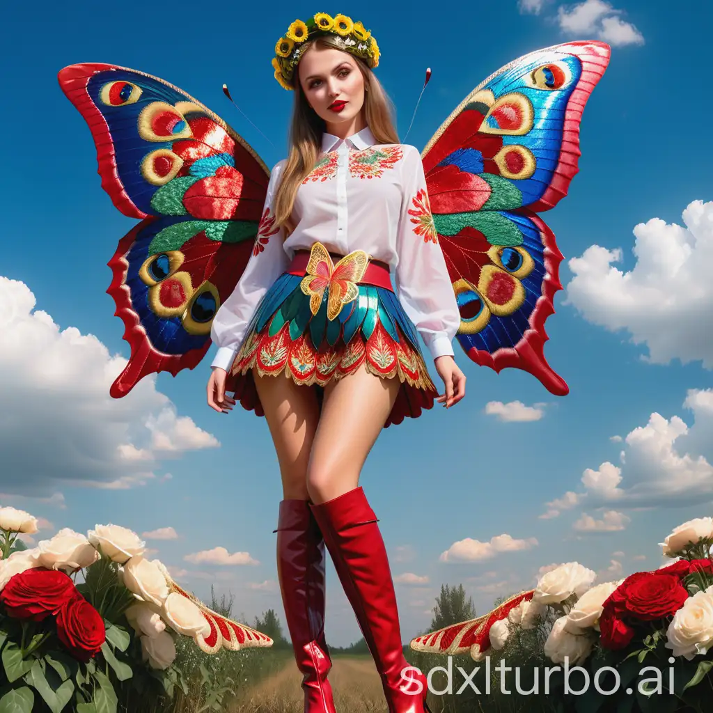 A photo of a Ukrainian woman with a wreath of flowers on her head, wearing an embroidered shirt, an embroidered miniskirt, and red stiletto thigh-high boots with golden patterns. She has a garter belt. The woman has gigantic, shiny, iridescent, sparkling, transparent, peacock-patterned butterfly wings. She is flying in the sky among the clouds.