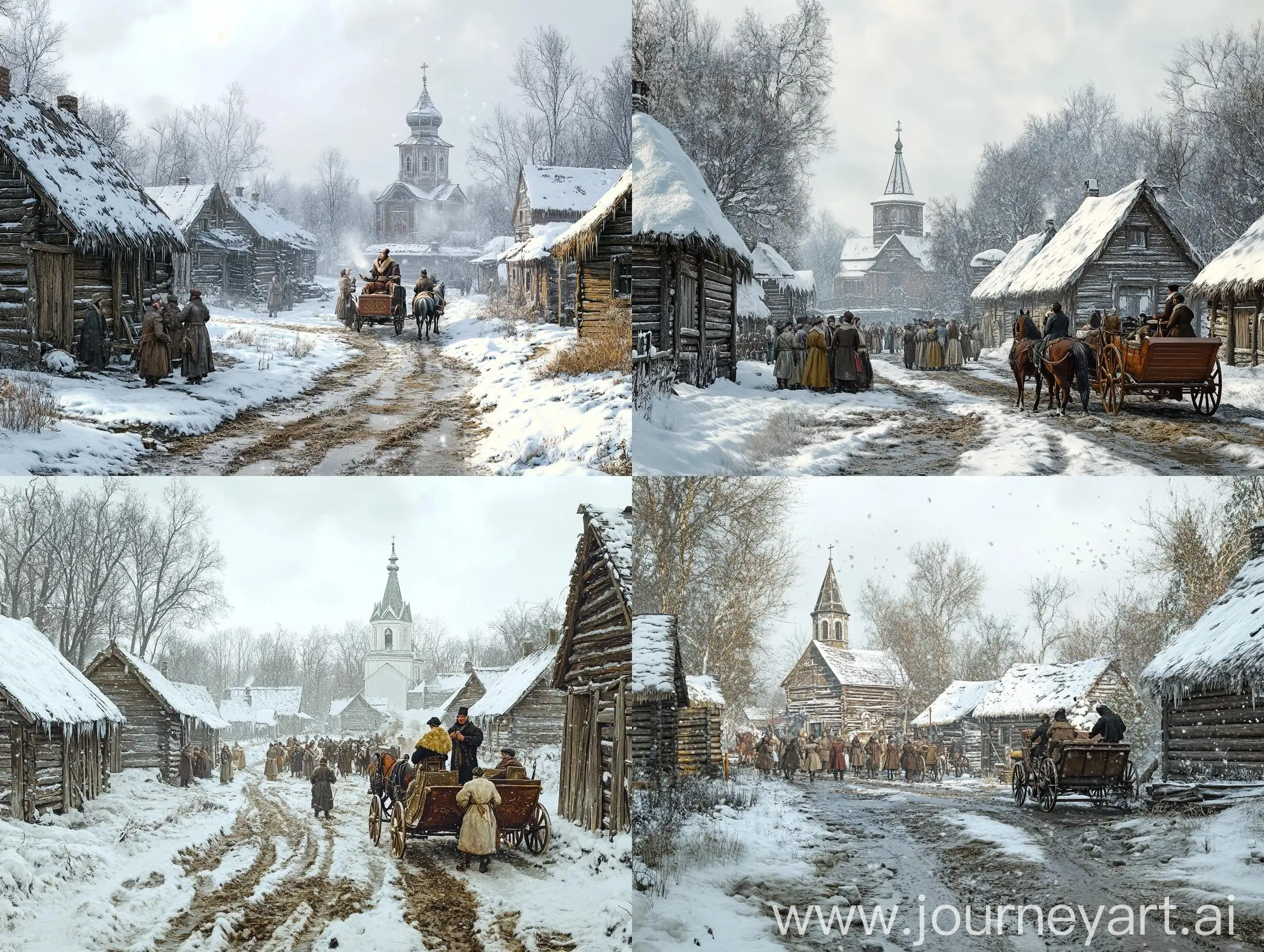 Winter-Scene-19th-Century-Russian-Village-with-Serfs-and-HorseDrawn-Sleigh